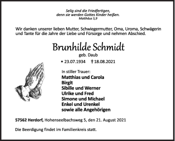 Traueranzeige von Brunhilde Schmidt von Siegener Zeitung