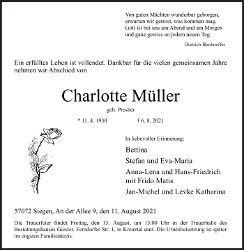Traueranzeige von Charlotte Müller von Siegener Zeitung