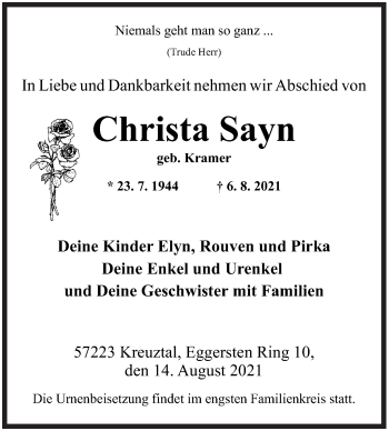 Traueranzeige von Christa Sayn von Siegener Zeitung