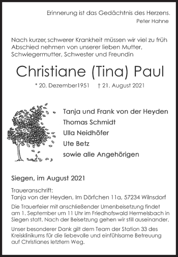 Traueranzeige von Christiane Paul von Siegener Zeitung