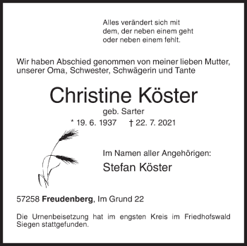 Traueranzeige von Christine Köster von Siegener Zeitung