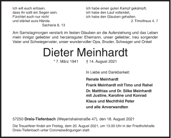 Traueranzeige von Dieter Meinhardt von Siegener Zeitung