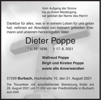 Traueranzeige von Dieter Poppe von Siegener Zeitung