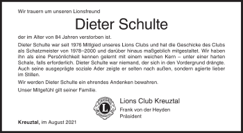 Traueranzeige von Dieter Schulte von Siegener Zeitung