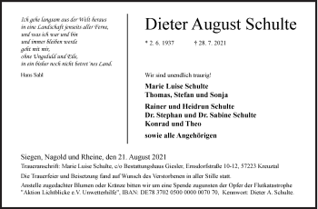 Traueranzeige von Dieter August Schulte von Siegener Zeitung