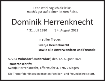 Traueranzeige von Dominik Herrenknecht von Siegener Zeitung