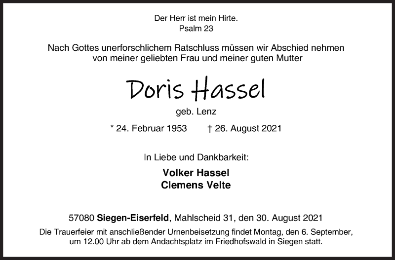 Traueranzeige für Doris Hassel vom 30.08.2021 aus Siegener Zeitung