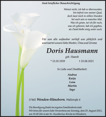 Traueranzeige von Doris Hausmann von Siegener Zeitung