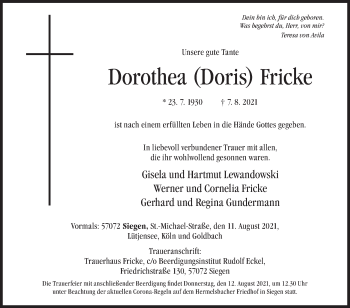 Traueranzeige von Dorothea  Fricke von Siegener Zeitung