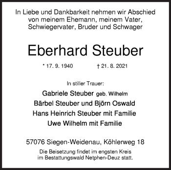 Traueranzeige von Eberhard Steuber von Siegener Zeitung