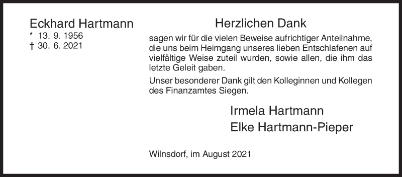  Traueranzeige für Eckhard Hartmann vom 14.08.2021 aus Siegener Zeitung