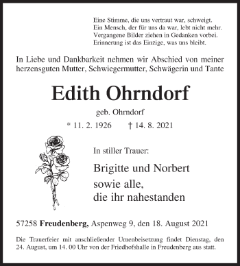 Traueranzeige von Edith Ohrndorf von Siegener Zeitung