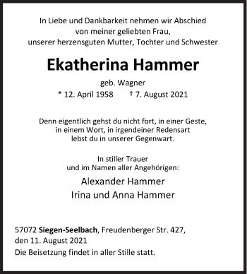 Traueranzeige von Ekatherina Hammer von Siegener Zeitung