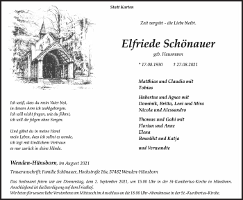 Traueranzeige von Elfriede Schönauer von Siegener Zeitung