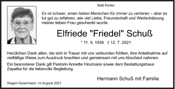 Traueranzeige von Elfriede Schuß von Siegener Zeitung