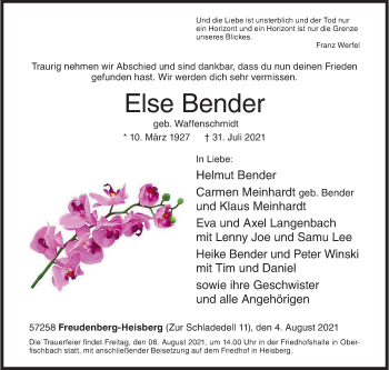 Traueranzeige von Else Bender von Siegener Zeitung
