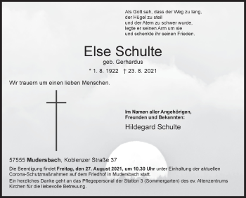Traueranzeige von Else Schulte von Siegener Zeitung