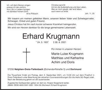 Traueranzeige von Erhard Krugmann von Siegener Zeitung