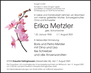 Traueranzeige von Erika Metzler von Siegener Zeitung
