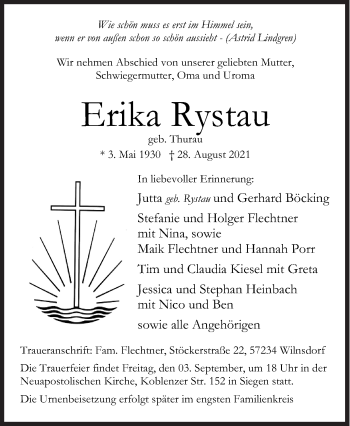 Traueranzeige von Erika Rystau von Siegener Zeitung