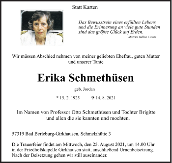 Traueranzeige von Erika Schmethüsen von Siegener Zeitung