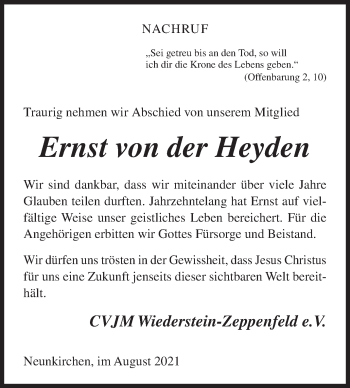 Traueranzeige von Ernst von der Heyden von Siegener Zeitung