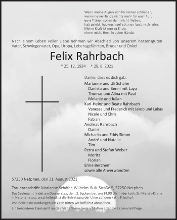 Traueranzeige von Felix Rahrbach von Siegener Zeitung
