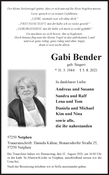 Traueranzeige von Gabi Bender von Siegener Zeitung