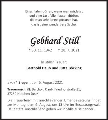Traueranzeige von Gebhard Still von Siegener Zeitung