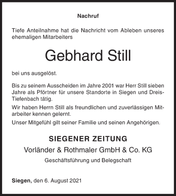 Traueranzeige von Gebhard Still von Siegener Zeitung