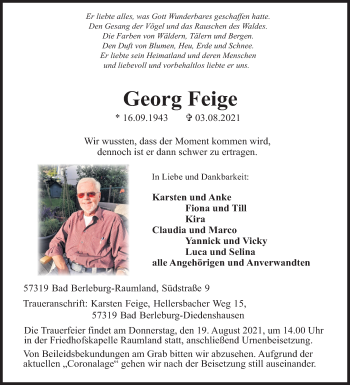 Traueranzeige von Georg Feige von Siegener Zeitung