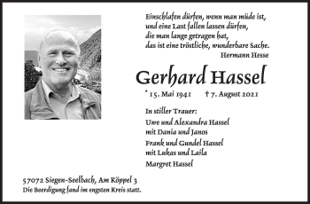 Traueranzeige von Gerbaut Hassel von Siegener Zeitung