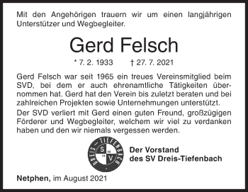 Traueranzeige von Gerd Felsch von Siegener Zeitung