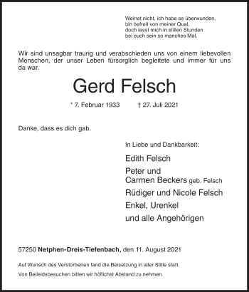 Traueranzeige von Gerd Felsch von Siegener Zeitung