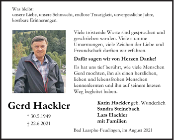 Traueranzeige von Gerd Hackler von Siegener Zeitung