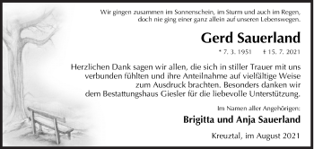 Traueranzeige von Gerd Sauerland von Siegener Zeitung