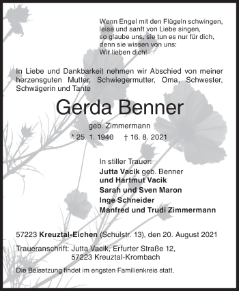 Traueranzeige von Gerda Benner von Siegener Zeitung