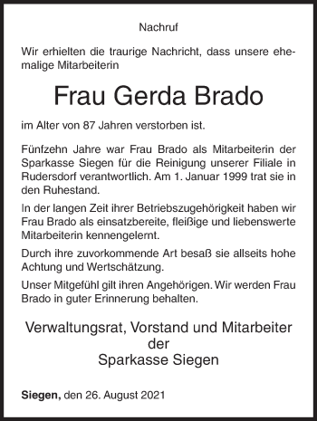 Traueranzeige von Gerda Brado von Siegener Zeitung