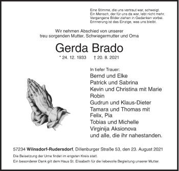 Traueranzeige von Gerda Brado von Siegener Zeitung