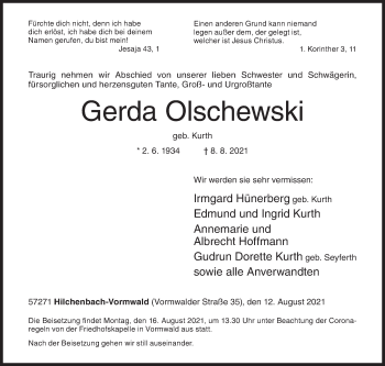 Traueranzeige von Gerda Olschewski von Siegener Zeitung