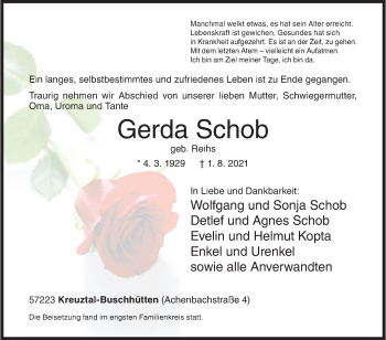 Traueranzeige von Gerda Schob von Siegener Zeitung