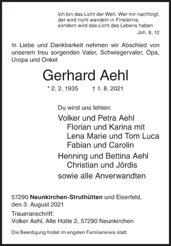 Traueranzeige von Gerhard Aehl von Siegener Zeitung