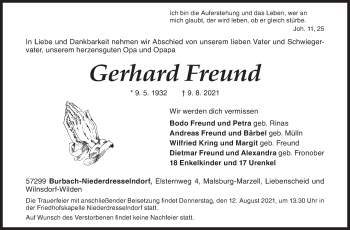 Traueranzeige von Gerhard Freund von Siegener Zeitung