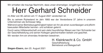 Traueranzeige von Gerhard Schneider von Siegener Zeitung