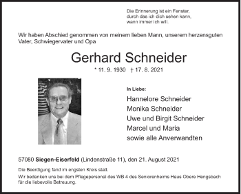 Traueranzeige von Gerhard Schneider von Siegener Zeitung