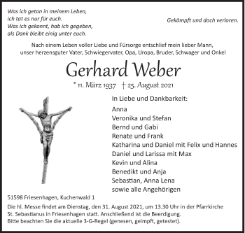 Traueranzeige von Gerhard Weber von Siegener Zeitung