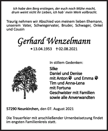 Traueranzeige von Gerhard Wenzelmann von Siegener Zeitung