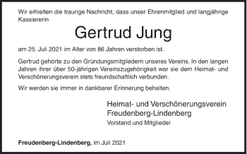 Traueranzeige von Gertrud Jung von Siegener Zeitung