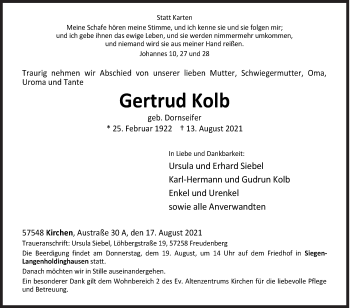 Traueranzeige von Gertrud Kolb von Siegener Zeitung
