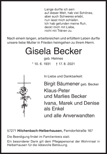Traueranzeige von Gisela Becker von Siegener Zeitung